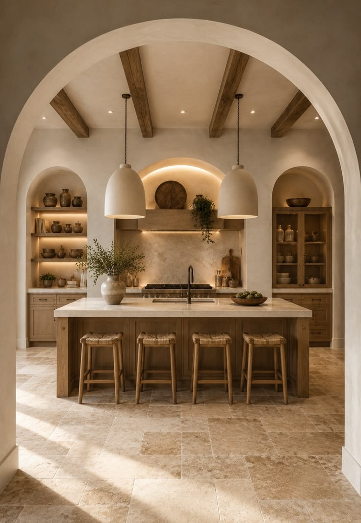 Mediterranean Kitchen Design with Arched Architecture and Natural Stone | By Proton Architecture